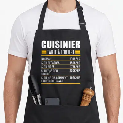 Tablier de cuisine noir avec une liste blanche et jaune listant un tarif horaire pour cuisinier et ses interactions.