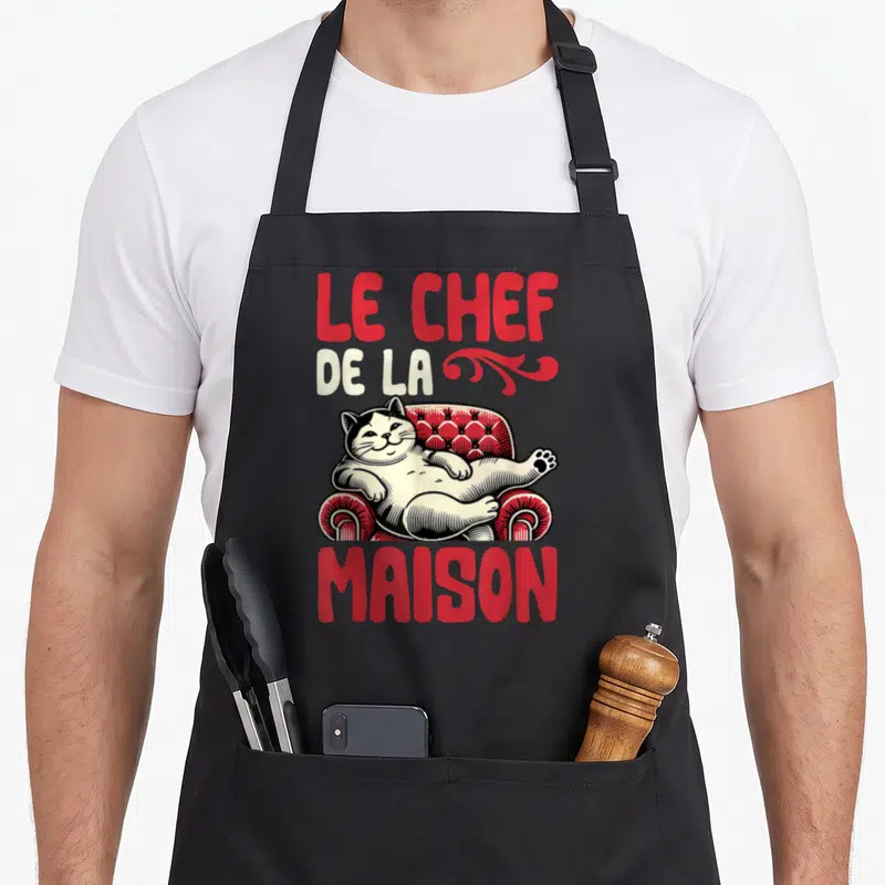 Tablier de cuisine noir avec un chat blanc et noir allongé sur un fauteuil rouge capitonné sous le texte Le Chef de la Maison en lettres rouges.