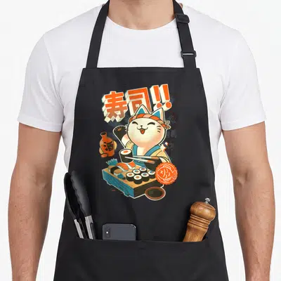 Tablier de cuisine noir avec illustration colorée d'un chat cuisinier sushi tenant des baguettes devant une planche de sushis.
