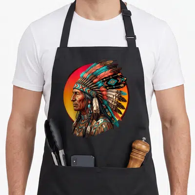 Tablier de cuisine noir avec portrait latéral d'un homme en coiffe indienne à plumes turquoise, orange et noires sur fond rond dégradé.