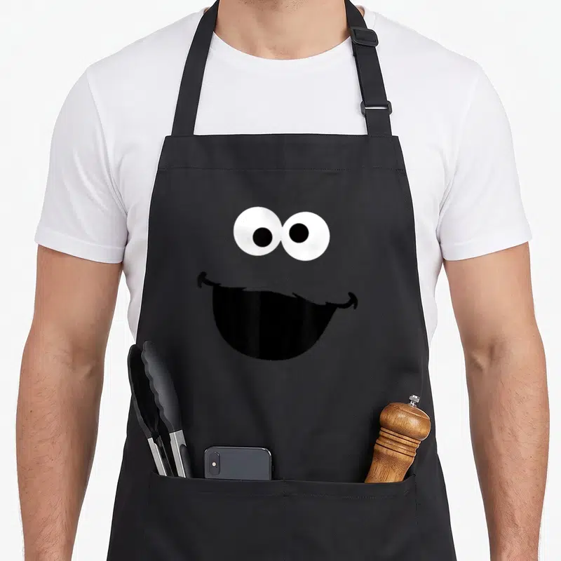 Tablier de cuisine noir avec deux grands yeux ronds et une bouche noire ouverte imitant le visage de Cookie Monster.