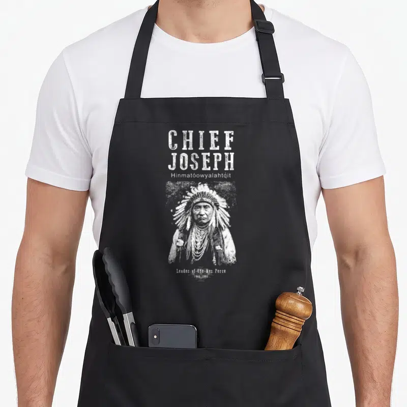 Tablier de cuisine noir avec portrait de Chief Joseph et texte blanc en typographie vintage.