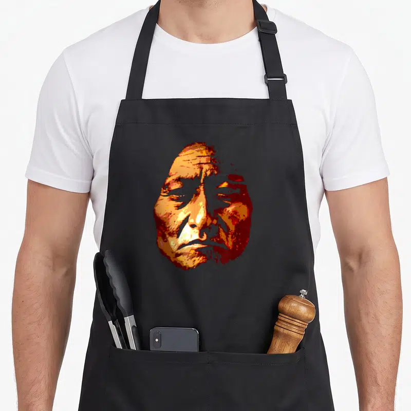 Tablier de cuisine noir avec portrait stylisé orange et rouge d'un chef amérindien au regard intense