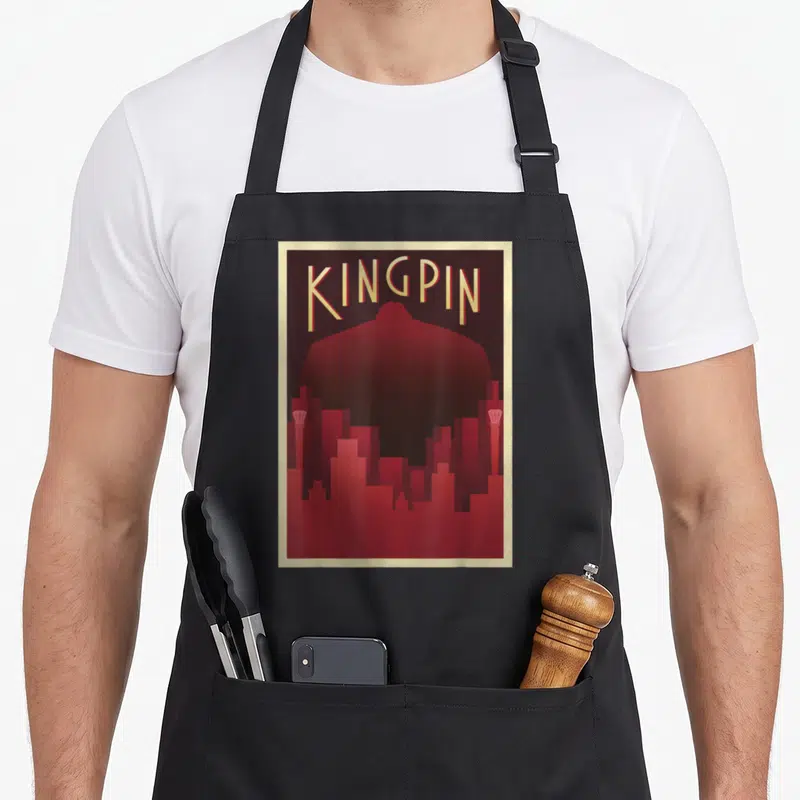 Tablier de cuisine noir avec illustration Kingpin en art déco, skyline rouge et texte doré encadré de beige.
