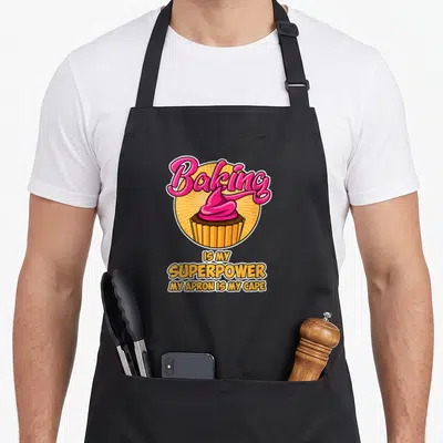 Tablier de cuisine noir avec illustration cupcake rose et texte « Baking is my Superpower My Tablier est mon Cap »
