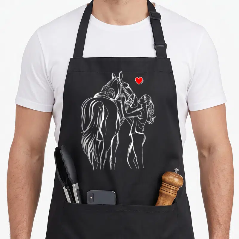 Tablier de cuisine noir avec une illustration blanche d'une fille caressant un cheval sous un cœur rouge vif.