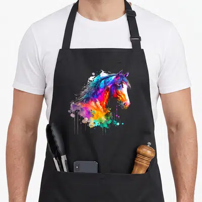 Tablier de cuisine noir avec tête de horse aux couleurs vives et effet aquarelle éclatante.