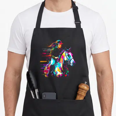 Tablier de cuisine noir avec une illustration colorée d'une fille chevauchant un cheval au style graphique moderne.
