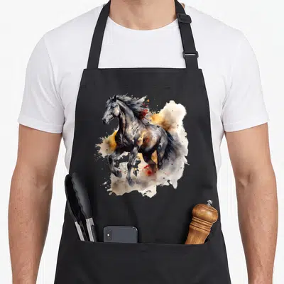 Tablier de cuisine noir avec illustration aquarelle d'un cheval noir galopant entouré d'éclaboussures orange et rouges.