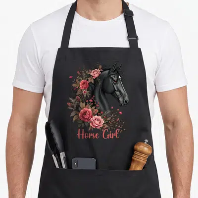 Tablier de cuisine noir avec tête de cheval noir entourée de roses roses et inscription Horse Girl en bas.