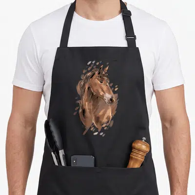 Tablier de cuisine noir avec une tête de poulain brown dessinée au trait expressif et des éclaboussures artistiques autour du cou.