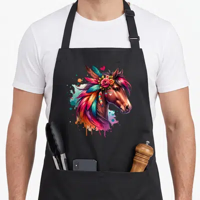 Tablier de cuisine noir avec tête de cheval aux plumes colorées, couronne de fleurs et cœurs roses.