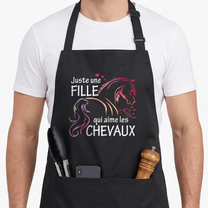 Tablier de cuisine noir avec illustration de profil de cheval aux couleurs arc-en-ciel et texte blanc Juste une fille qui aime les chevaux.