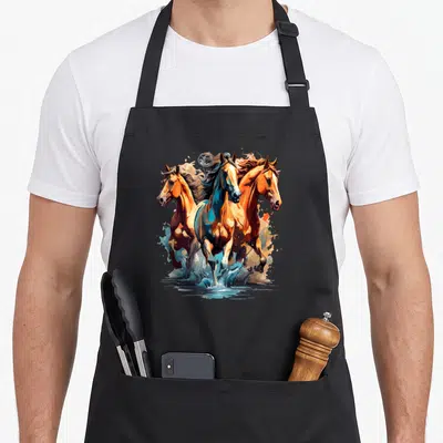 Tablier de cuisine noir avec trois chevaux au galop dans l'eau, illustration colorée et dynamique.
