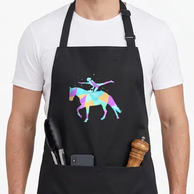 Tablier de cuisine noir avec une fille en vaulting équitation dessinée en géométrie pastel et étoiles.