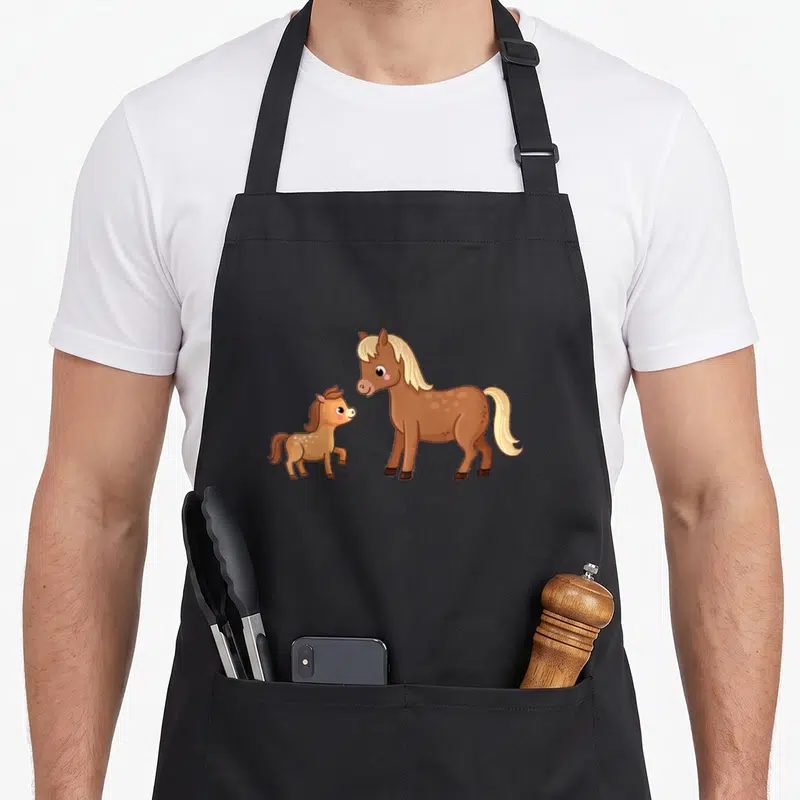 Tablier de cuisine noir avec une illustration colorée représentant une poulinière et un petit poulain aux robes brunes et blondes.