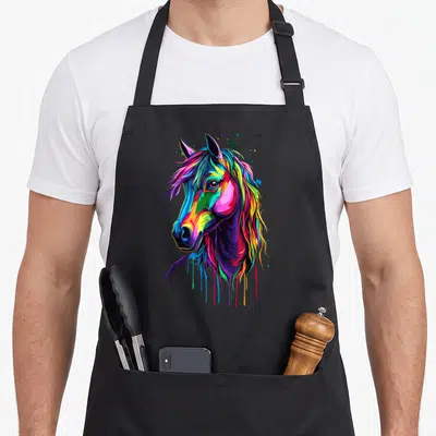 Tablier de cuisine noir avec un cheval Pop Art aux couleurs vives et effets de peinture qui dévale