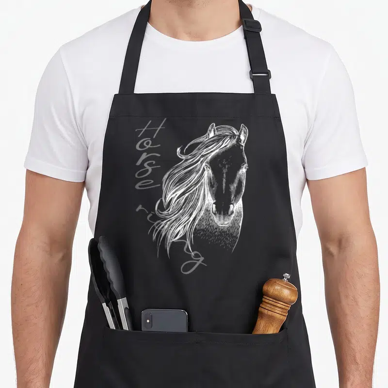 Tablier de cuisine noir avec portrait de horse au trait blanc et texte sur l'équitation.