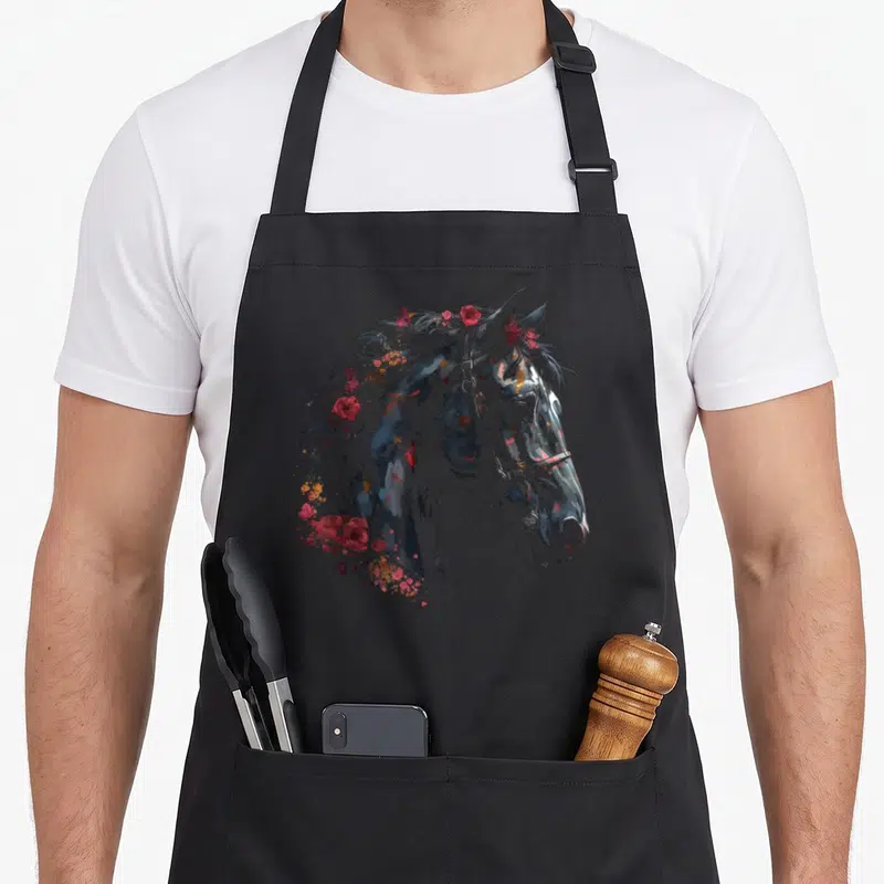 Tablier de cuisine noir avec une illustration artistique représentant la tête d'un cheval aux tons sombres et des fleurs roses et orange dans la crinière.