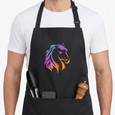 Tablier de cuisine noir avec une tête de poney stylisée aux couleurs dégradées violet orange et bleu cyan.
