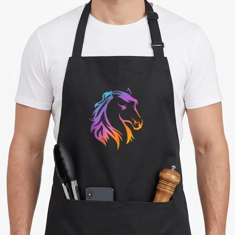 Tablier de cuisine noir avec une tête de poney stylisée aux couleurs dégradées violet orange et bleu cyan.