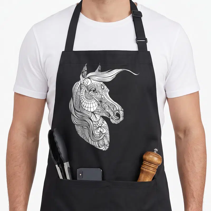 Tablier de cuisine noir avec tête de cheval stylisée en dessin au trait blanc rempli de motifs décoratifs complexes et artistiques.