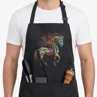 Tablier de cuisine noir avec illustration d'un cheval stylisé composé de motifs floraux multicolores et d'éléments végétaux.