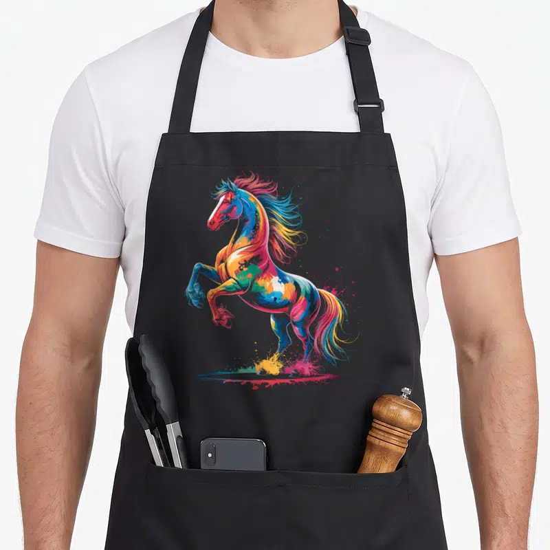 Tablier de cuisine noir avec une illustration d'un cheval cabré aux couleurs vives et à la crche décontractée.