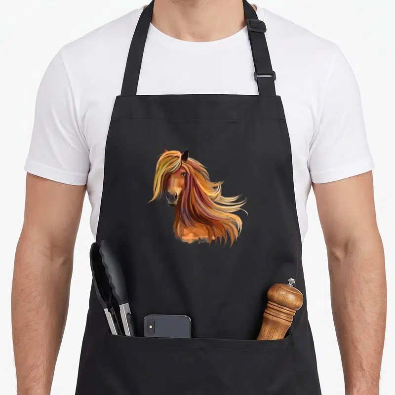 Tablier de cuisine noir avec une illustration artistique d'une tête de pony aux longs cheveux aux teintes dorées et roses.