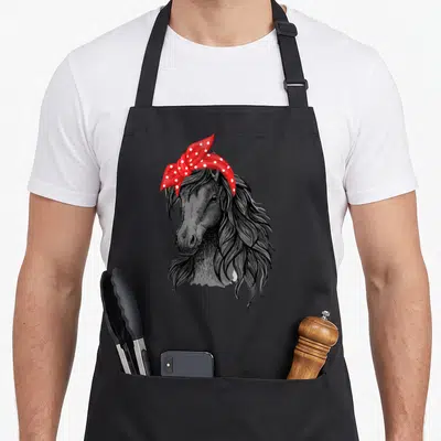 Tablier de cuisine noir avec tête de cheval au foulard rouge à pois blancs et longue mane noire ondulée.