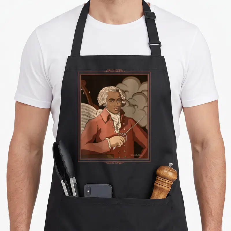 Tablier de cuisine noir avec illustration de Joseph Bologne Chevalier de Saint-Georges tenant une épée devant des notes de musique.