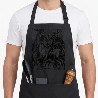 Tablier de cuisine noir avec une gravure détaillée d'un chevalier à cheval suivi par la Mort et le Diable dans un paysage forestier.