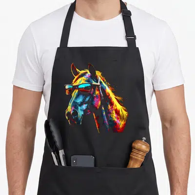 Tablier de cuisine noir avec une tête de cheval aux lunettes de soleil colorées et un motif artistique abstrait multicolore.