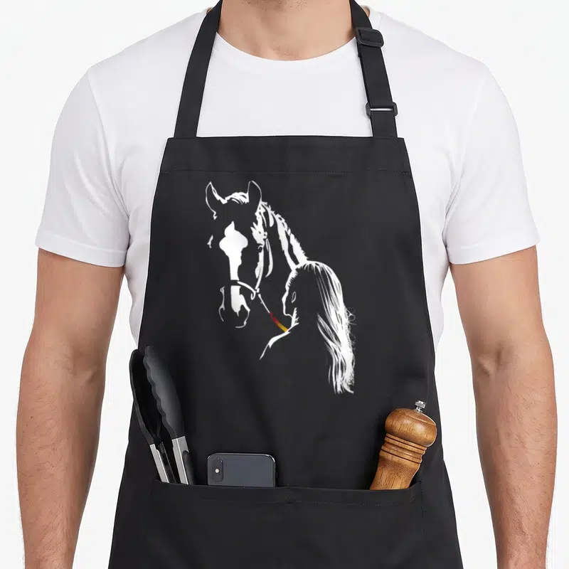 Tablier de cuisine noir avec silhouette blanche d'une femme et d'un cheval en profil.
