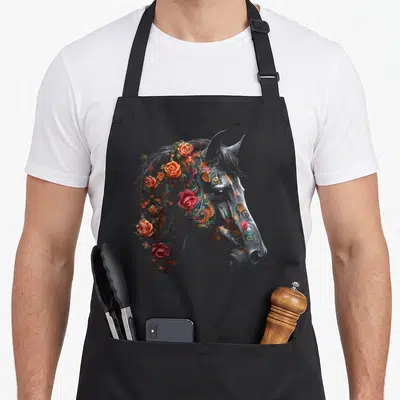 Tablier de cuisine noir avec tête de horse décorée de roses orangées, roses rouges et motifs ornementaux multicolores dans la crinière.