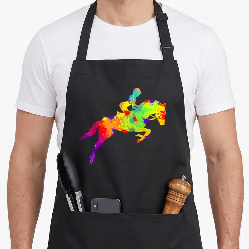 Tablier de cuisine noir avec une impression multicolore d'un cavalier sur un cheval au galop en style éclaboussure.