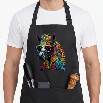 Tablier de cuisine noir avec tête de cheval aux cheveux colorés et lunettes de soleil stylisées.