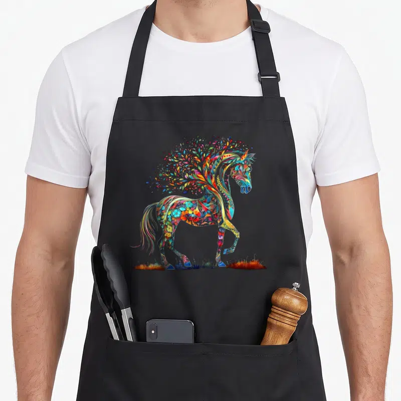 Tablier de cuisine noir avec un cheval stylisé composé de motifs floraux et d'arbres multicolores sur fond uni.