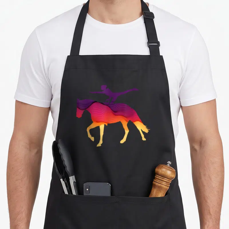 Tablier de cuisine noir avec une illustration colorée d'une cavalière effectuant une voltige sur un cheval au galop stylisé.
