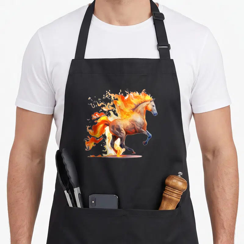 Tablier de cuisine noir avec un joli cheval de feu pour brûler l'amour du cheval en pleine course flamboyante.