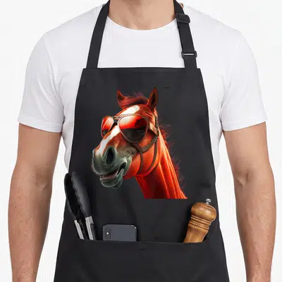 Tablier de cuisine noir avec tête de cheval marron portant des lunettes de soleil reflectantes rouges et une expression souriante.