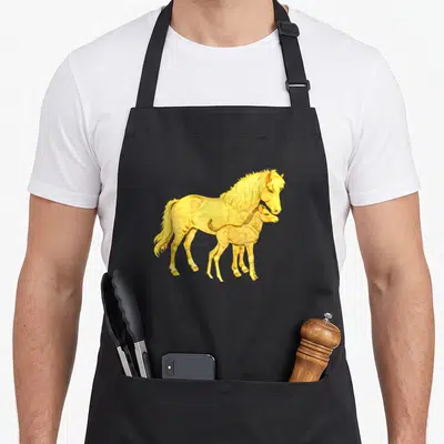 Tablier de cuisine noir avec illustration dorée d'une poulinière et d'un poulain au design géométrique.