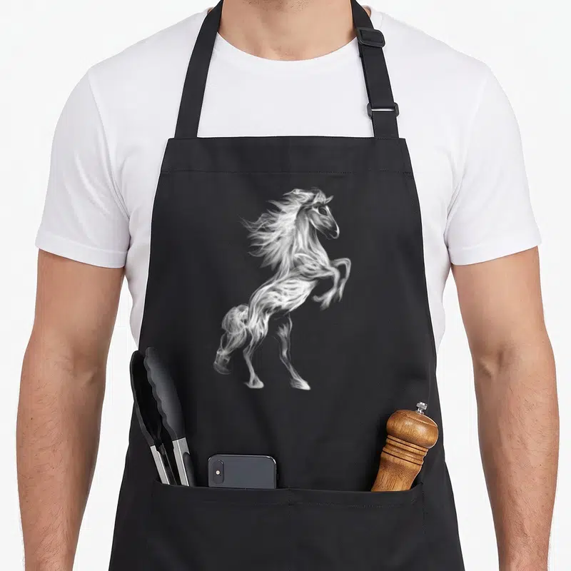 Tablier de cuisine noir avec une illustration blanche d'un Haflinger cabré aux lignes fluides et aériennes.