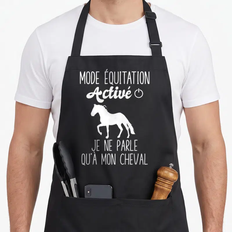 Tablier de cuisine noir avec silhouette de cheval blanc et texte Mode Équitation Activé Je Ne Parle Qu'À Mon Cheval