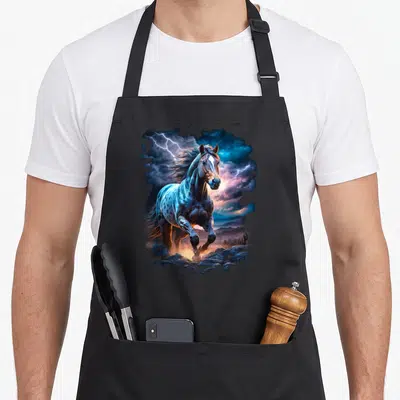 Tablier de cuisine noir avec illustration d'un cheval galopant sous un ciel d'éclair bleu et nuageux.