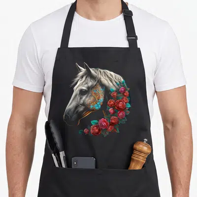 Tablier de cuisine noir avec tête de cheval ornée de motifs mandala et de roses rouges et roses