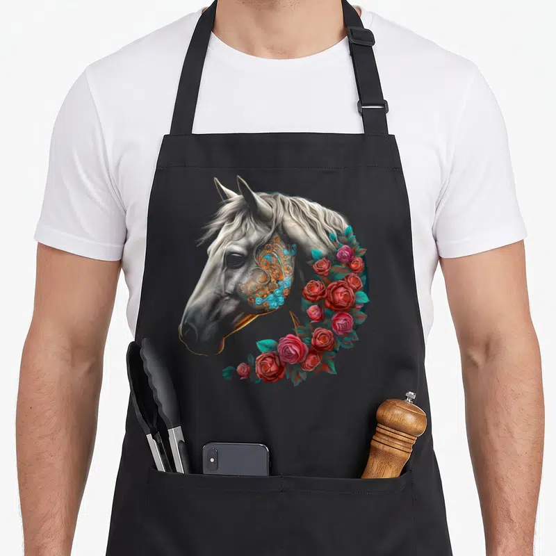 Tablier de cuisine noir avec tête de cheval ornée de motifs mandala et de roses rouges et roses