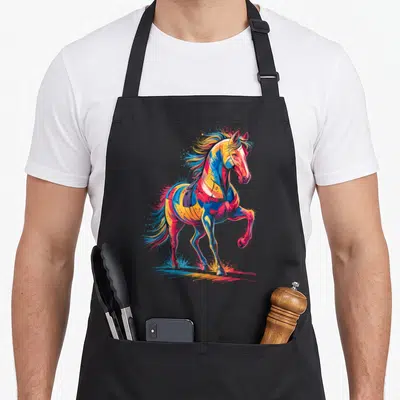 Tablier de cuisine noir avec une illustration d'un cheval aux couleurs vives et au style artistique moderne.