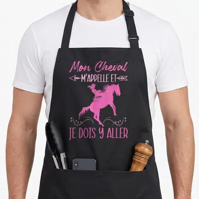Tablier de cuisine noir avec silhouette équestre rose et texte Mon Cheval m'appelle et je dois y aller.