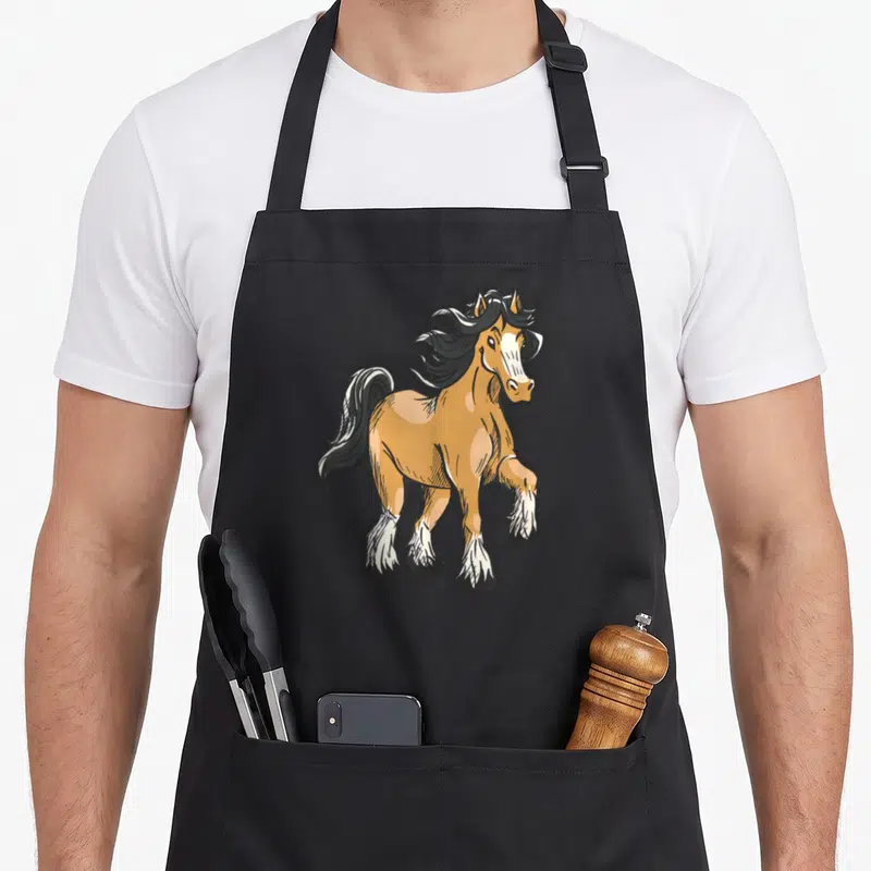Tablier de cuisine noir avec illustration colorée d'un cheval Clydesdale aux sabots blancs et à la crinière noire.